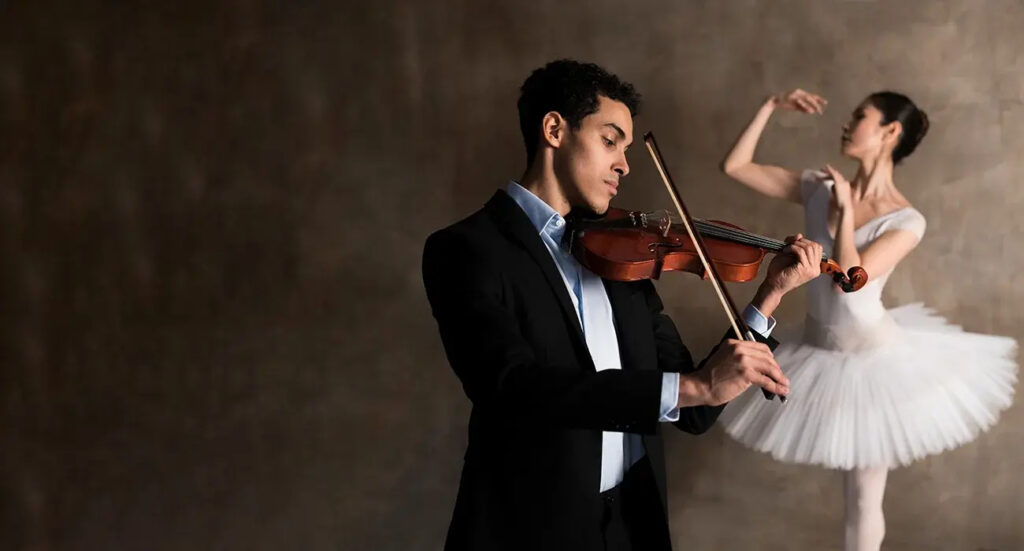 Elegant ballroom dancers in formal attire, waltz- to music