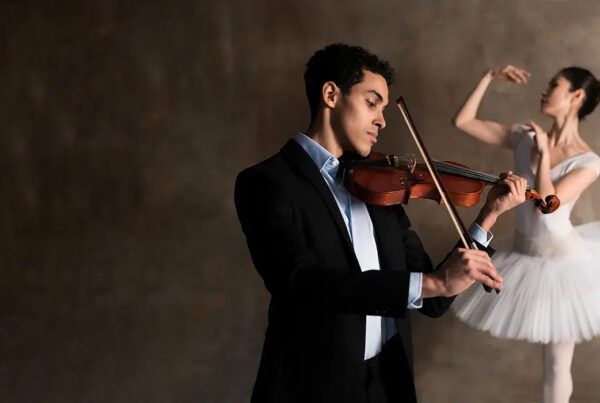 Elegant ballroom dancers in formal attire, waltz- to music